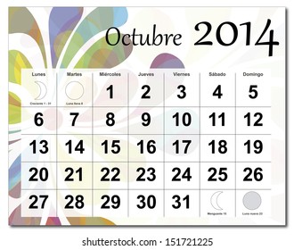 EPS10 vector file. Spanish version of October 2014 calendar. The EPS file includes the version in blue, green and black in different layers. Raster version available in my portfolio.