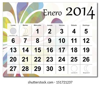 EPS10 vector file. Spanish version of January 2014 calendar. The EPS file includes the version in blue, green and black in different layers. Raster version available in my portfolio.