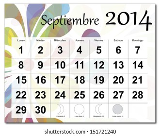 EPS10 vector file. Spanish version of September 2014 calendar. The EPS file includes the version in blue, green and black in different layers. Raster version available in my portfolio.