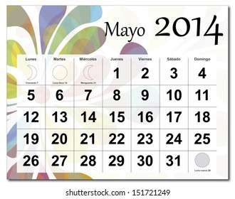 EPS10 vector file. Spanish version of May 2014 calendar. The EPS file includes the version in blue, green and black in different layers. Raster version available in my portfolio.