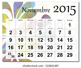 EPS10 vector file. Spanish version of November 2015 calendar. The EPS file includes the version in blue, green and black in different layers.