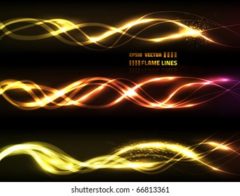 EPS10 vector flame line collection on black background for your design. Composition has three line groups, each has different look