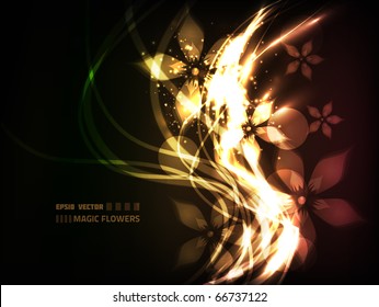 EPS10 vector flower vine design on dark background, colored red, yellow and green; composition has a surreal magic feel to it