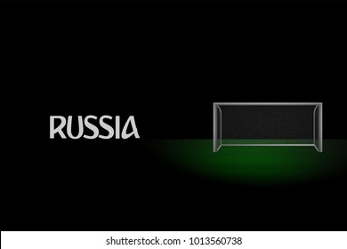 eps10 vector football goal with net on green grass highlighted by spotlight lights in the dark. Editable sport poster for web, print. Russia editable tournament advertising poster. Sport event banner