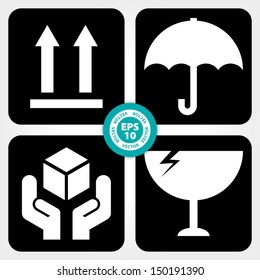 EPS10 Vector : Fragile Symbol on Black Square with Round Corner Background (Fragile icon, Handle with care icon, Keep dry icon, This side up icon)
