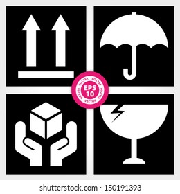 EPS10 Vector : Fragile Symbol on Black Square Background (Fragile icon, Handle with care icon, Keep dry icon, This side up icon)