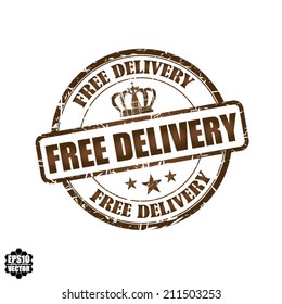EPS10 Vector : Free Delivery Grunge Rubber Stamp with Crown and Brown color (Sticker, Tag, Icon, Symbol)