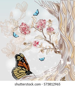 Eps10 vector - Fully decorated spring scenery with flowers and butterflies