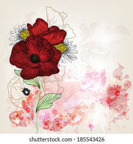 Eps10 vector - Greeting card with poppies and daisies with space for text