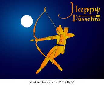 eps10 vector Happy Dussehra illustration. Silhouette of God Rama holing bow and arrow isolated on moon and sky background. Vijayadasami, Dasara Hindu festival promotional poster for web, print, design