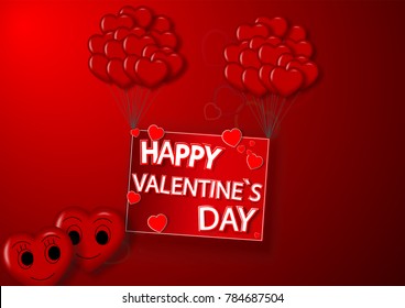 eps10 vector happy Valentine's Day illustration. Red flying hearts isolated on red background. 3d flying air balloons with holiday text banners. Graphic design element. Template for web, print, design