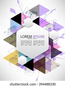 eps10 vector hexagon polygon frame over ink splatter triangular multicolored background