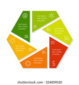 EPS10 vector hexagonal infographic diagram with triangle parts. Circular connected chart with 6 options. Paper progress steps for tutorial. Business concept sequence banner, process layout.