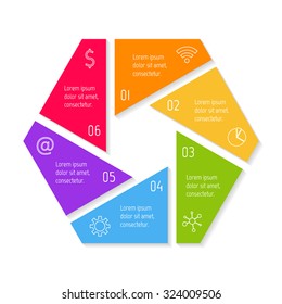 EPS10 vector hexagonal infographic diagram with triangle parts. Circular connected chart with 6 options. Paper progress steps for tutorial. Business concept sequence banner, process layout.