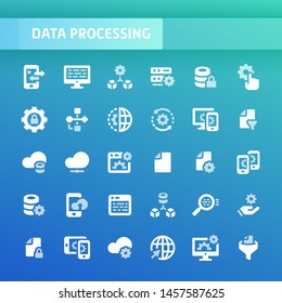 Iconos vectoriales EPS10 relacionados con el procesamiento de datos. En este conjunto se incluyen símbolos como manipulación de datos, conversión de datos y filtración de datos.