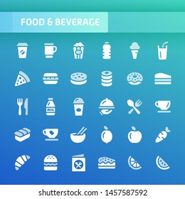 EPS10 vector icons related to foods and beverages. Symbols such as vegetables and snacks are included in this set.