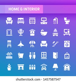 EPS10 Vector Icons Related To Home And Interior. Symbols Such As Home Furniture, Types Of Room And Home Appliances Are Included In This Set.