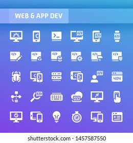 EPS10 vector icons related to web & app development. Symbols such as code editor, IDE, and other programming related items are included.