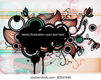 eps10 vector illustration of an abstract frame with fantasy plants and colored circles