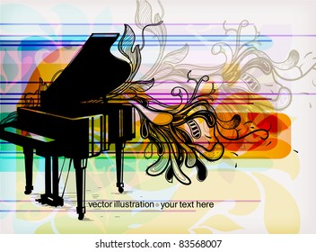 eps10 vector illustration of a black piano with fantasy plants on a colorful background
