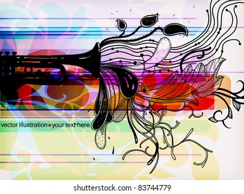 eps10 vector illustration with a black trumpet and abstract plants on a bright colored background