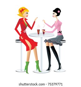 EPS10, vector illustration of fashion girls in a cafe