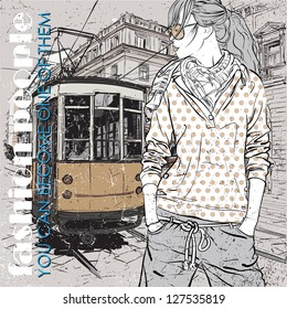 EPS10 vector illustration of a pretty fashion girl and old tram. Vintage style.