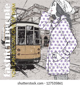 EPS10 vector illustration of a pretty fashion girl and old tram. Vintage style.