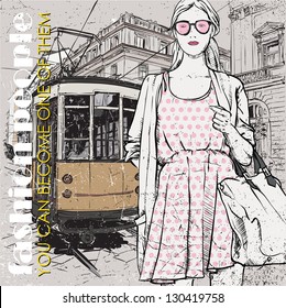 EPS10 vector illustration of a pretty fashion girl and old tram. Vintage style.