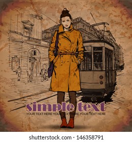 EPS10 vector illustration of a pretty fashion girl and old tram. Vintage style.
