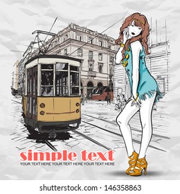 EPS10 vector illustration of a pretty fashion girl and old tram. Vintage style.