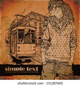 EPS10 vector illustration of a pretty fashion girl and old tram. Vintage style. Place for your text.