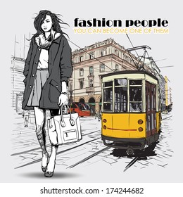 EPS10 vector illustration of a pretty fashion girl and old tram. Vintage style.