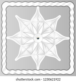 EPS10. Vector illustration. Volume white snowflake from paper on a light background in a frame. New Year's arnament. New Year 2019.