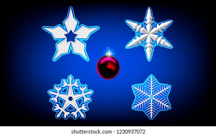 EPS10. Vector illustration. Volume white snowflake from paper on a blue background . New Year's arnament. New Year 2019.