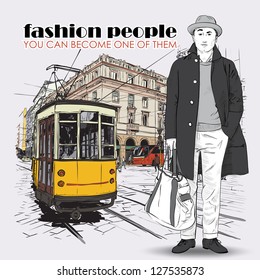 EPS10 vector illustration of a young stylish guy and old tram. Vintage style.