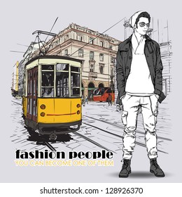 EPS10 vector illustration of a young stylish guy and old tram. Vintage style.