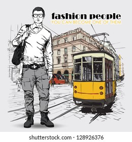 EPS10 vector illustration of a young stylish guy and old tram. Vintage style.