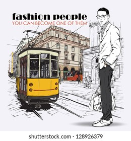 EPS10 vector illustration of a young stylish guy and old tram. Vintage style.