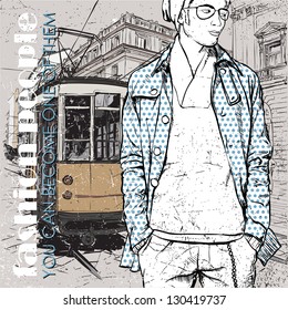 EPS10 vector illustration of a young stylish guy and old tram. Vintage style.