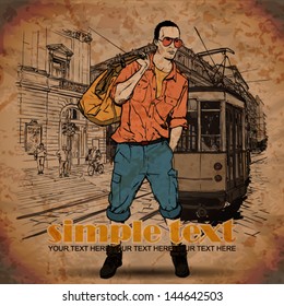 EPS10 vector illustration of a young stylish guy and old tram. Vintage style.