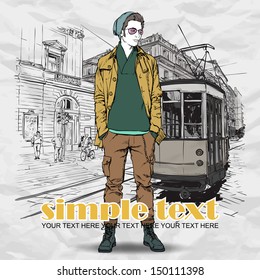 EPS10 vector illustration of a young stylish guy and old tram. Vintage style. 