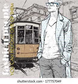 EPS10 vector illustration of a young stylish guy and old tram. Vintage style. 