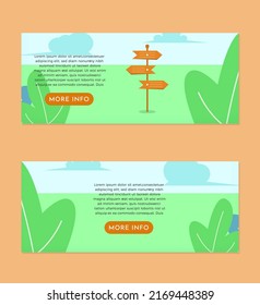 EPS10 vector light brown wooden direction board, signboard, billboard, placard in a park flat illustration with description box and a light brown more info button banner set perfect for your website