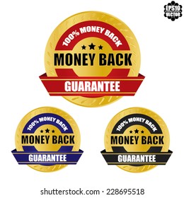 EPS10 Vector: Money Back Guaranteed Label Set with Gold Badge And Black, Red and Violet Ribbon Sign. 