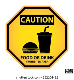 EPS10 Vector : Octagon yellow and black caution with food or drink prohibited area text and sign isolated on white background.