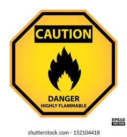 EPS10 Vector : Octagon yellow and black caution with danger highly frammable text and sign isolated on white background.
