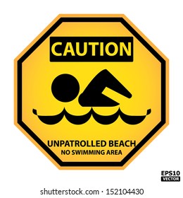 EPS10 Vector : Octagon yellow and black caution with unpatrolled beach no swimming area text and sign isolated on white background.