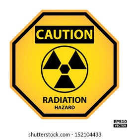 EPS10 Vector : Octagon yellow and black caution with radiation hazard text and sign isolated on white background.