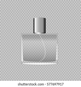 eps10 vector perfume realistic glass bottle with vaporizer spray mock up isolated on transparent background. Cosmetics and perfumery advertisement banner template for web, print, advertisement, design